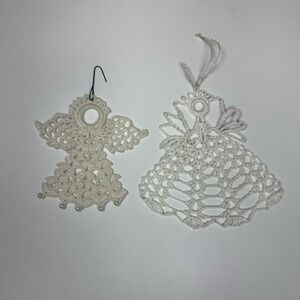 Vintage Small Handmade Angel Lace Crochet‎ Christmas Ornaments White Set of 2